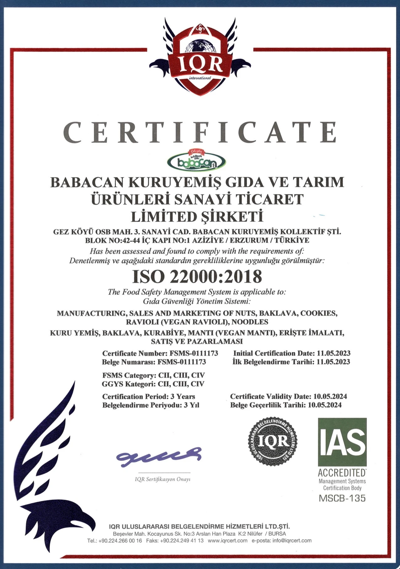 ISO 22000:2018 belge örneği